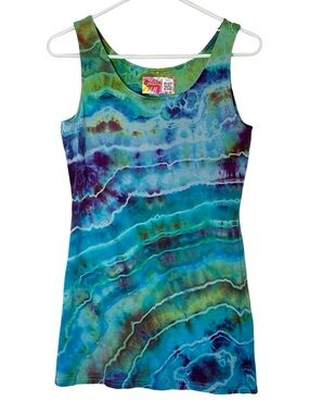 Upcycled Ice Tie Dye Tank Top Tunic Womens Size Large Handmade Geode Turquoise